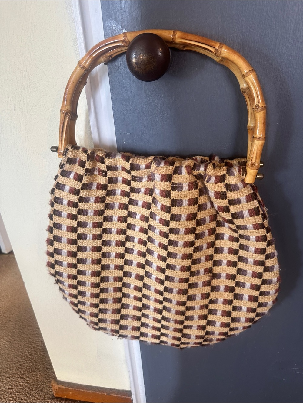 H&M Checkered Woven Shoulder Bag with Bamboo Handles in Brown and Cream